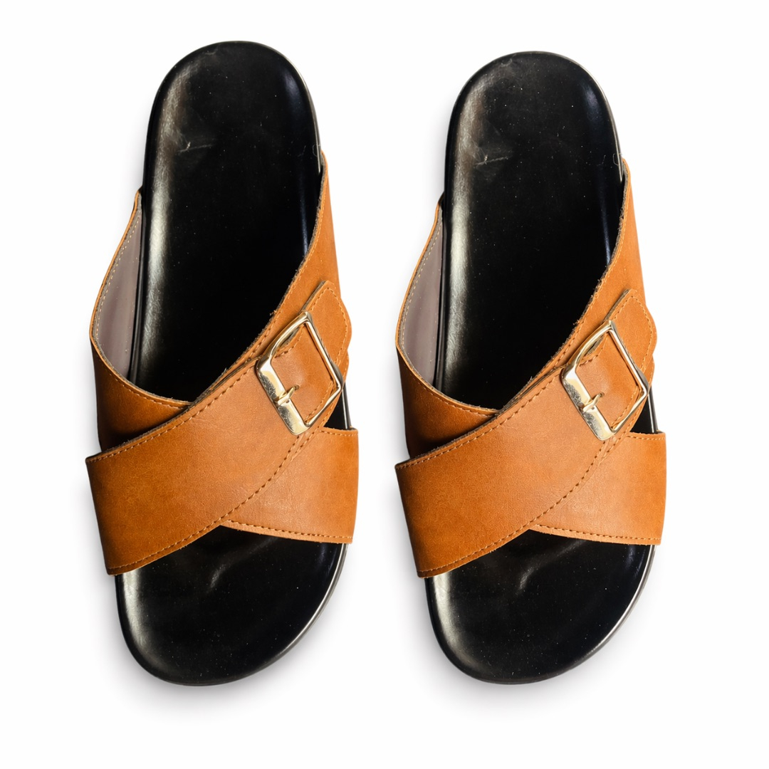 Mens Buckle Cross Strap Slide Sandals    Brown