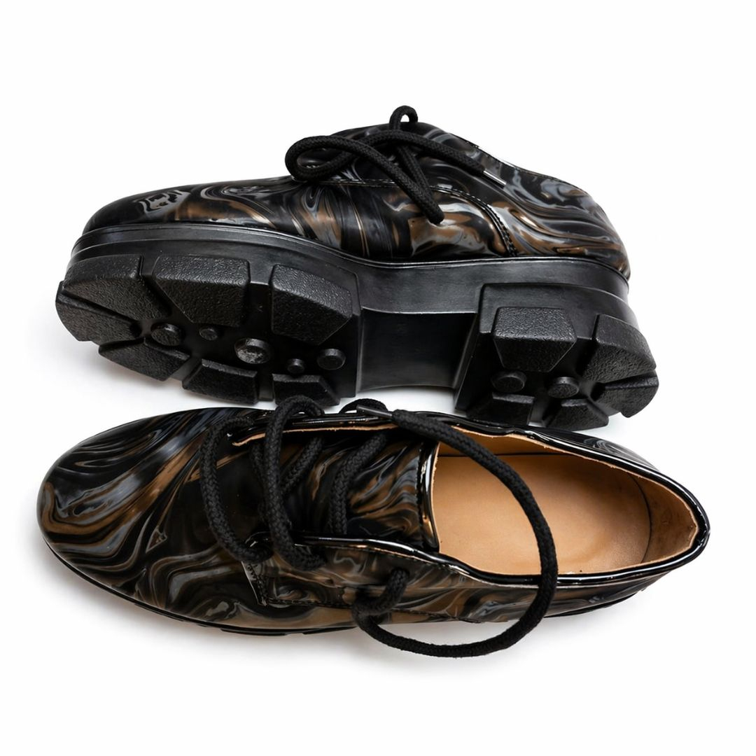 Black Marbled Patent Leather Lace Up Derby Shoes