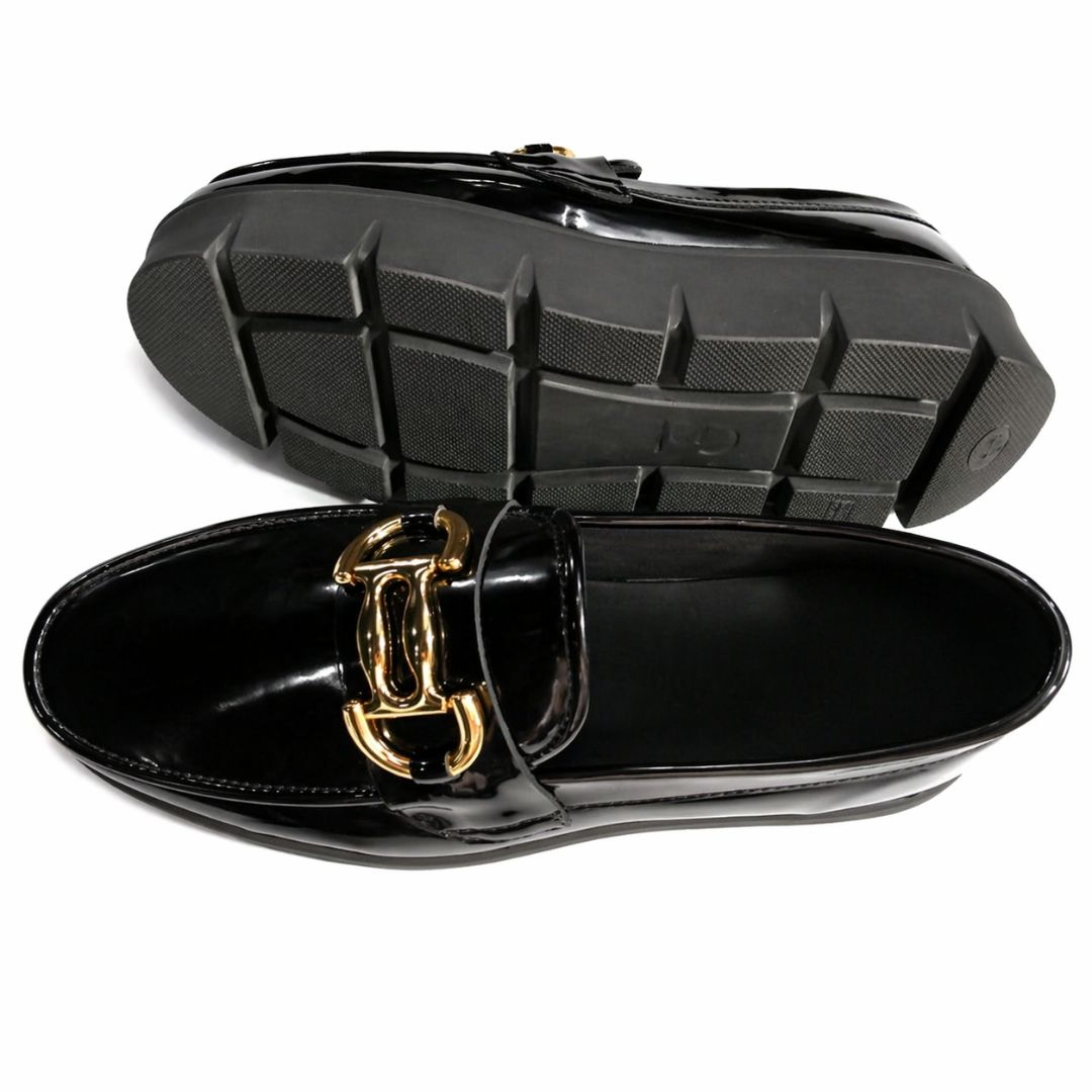 Black Patent Leather Loafers with Gold Buckle Detail