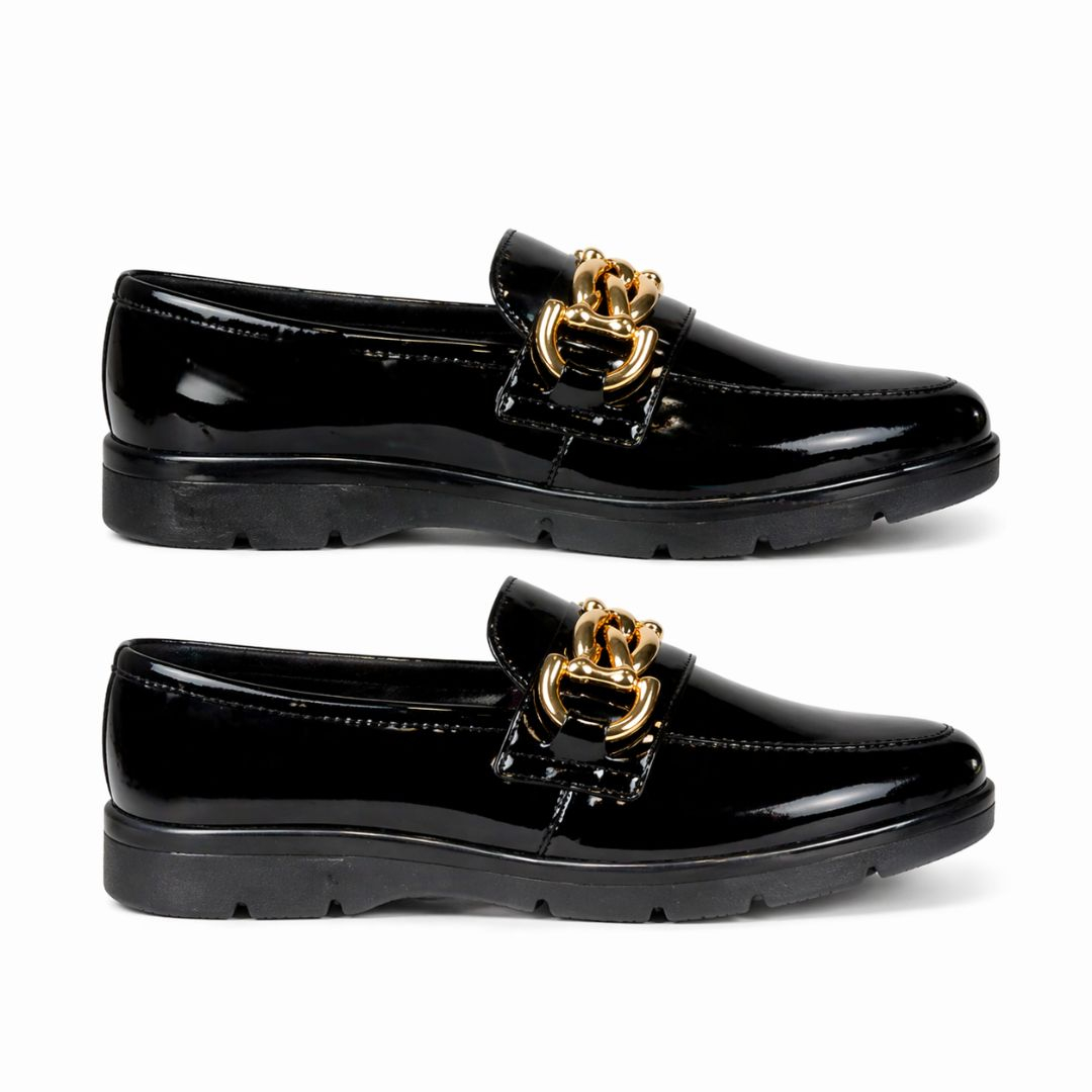 Black Patent Leather Loafers with Gold Buckle Detail