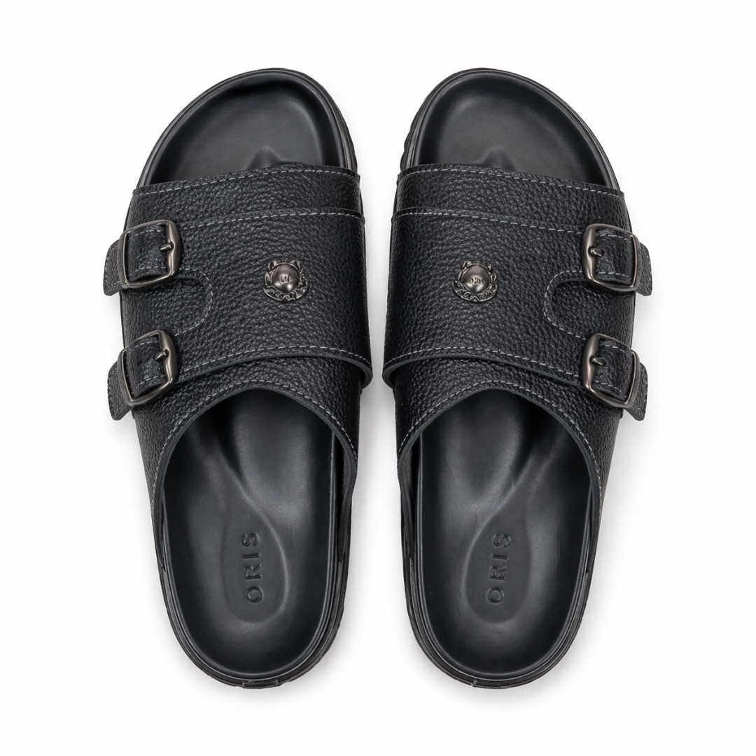Mens Double Buckle Leather Slide Sandals    Black
