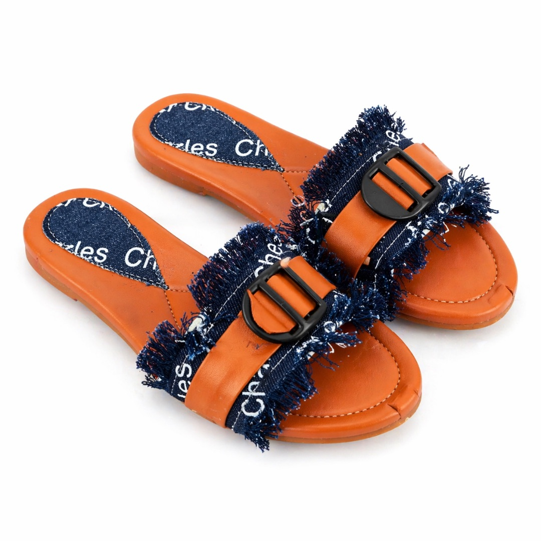 Womens Orange  Leather  Slide Sandals