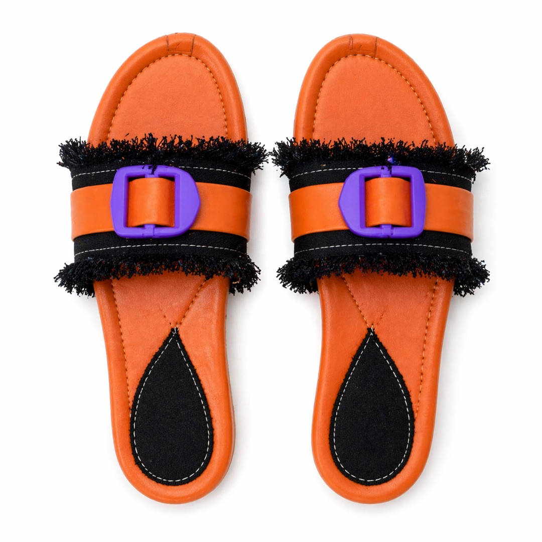 Womens Orange Fringe Slide Sandals  with  Purple Buckle Accent
