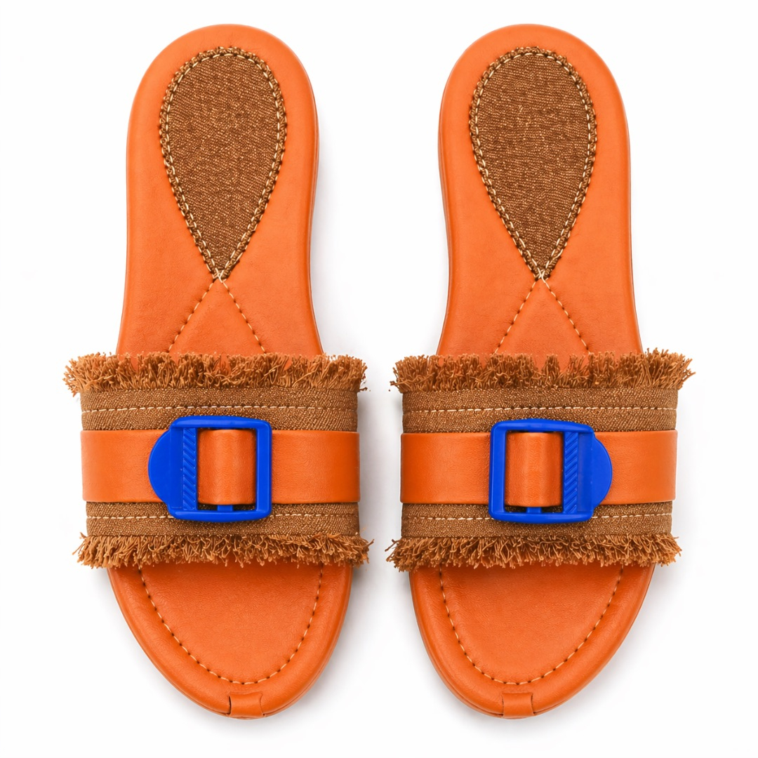 Womens Tan Fringe Slide Sandals  with  Blue Buckle Accent