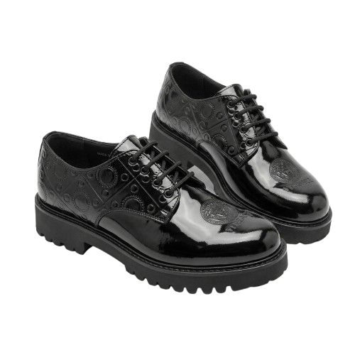 Embossed Glossy Black Lace Up Derby Shoes with Chunky Lug Sole