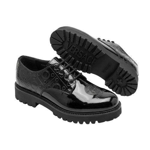 Embossed Glossy Black Lace Up Derby Shoes with Chunky Lug Sole