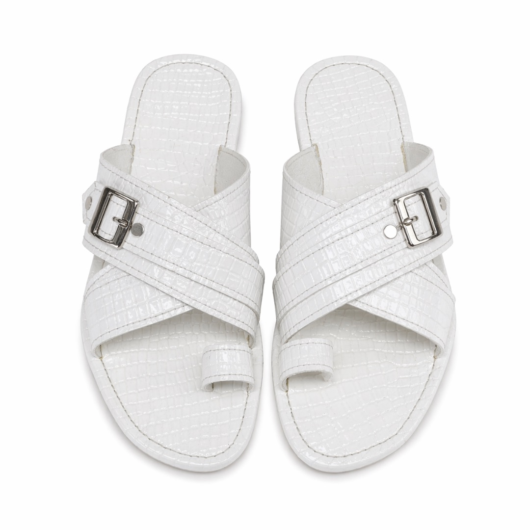 White Croc Textured Toe Loop Sandals  with  Buckle Detail