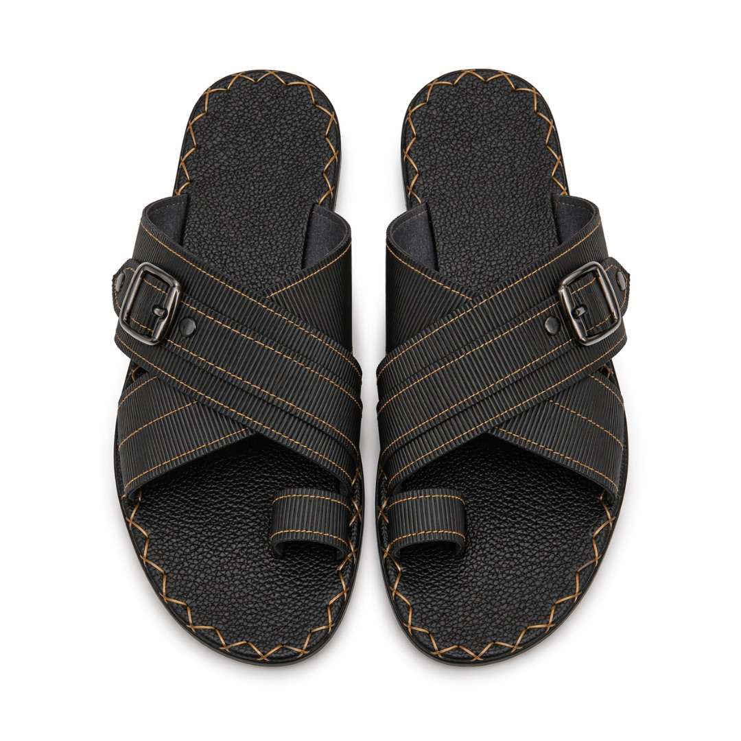 Mens Black Textured Toe Loop  Sandals with Contrast Stitching