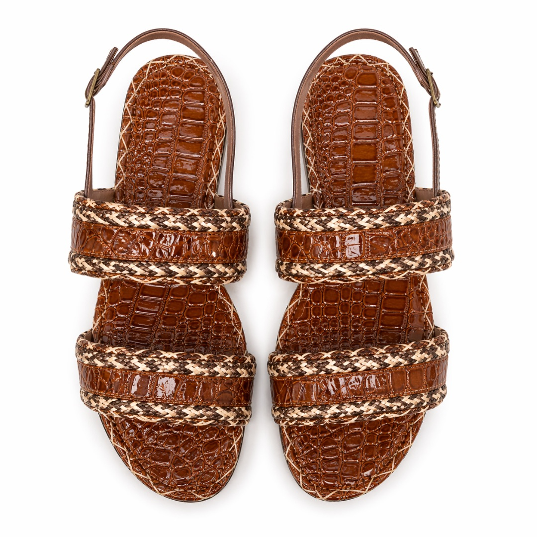 Mens Brown Croc Textured Woven Strap Sandals  with  Back Strap