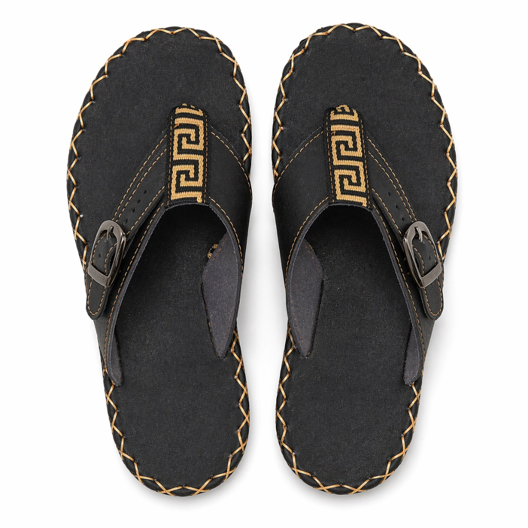 Mens Black Leather Toe Loop Sandals with Embroidered Strap and Buckle