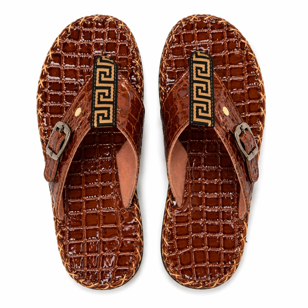 Mens Brown Croc Texture Leather Toe Loop Sandals with Signature Strap and Buckle