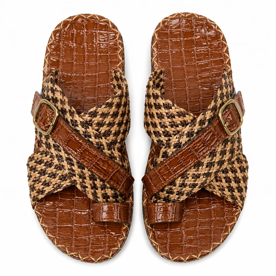 Mens Brown Croc and Woven Leather Toe Loop Sandals with  Adjustable Buckle