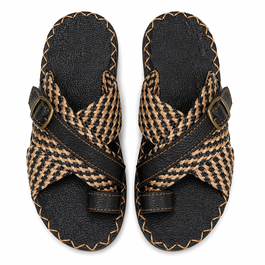 Mens Black Woven Leather Cross Strap Toe Loop Sandals  with  Buckle