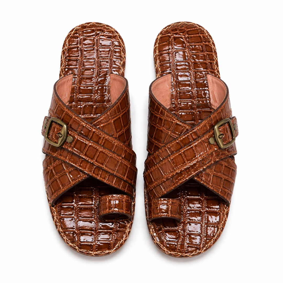 Mens Brown Croc Embossed Leather Cross Strap Toe  Loop Sandals