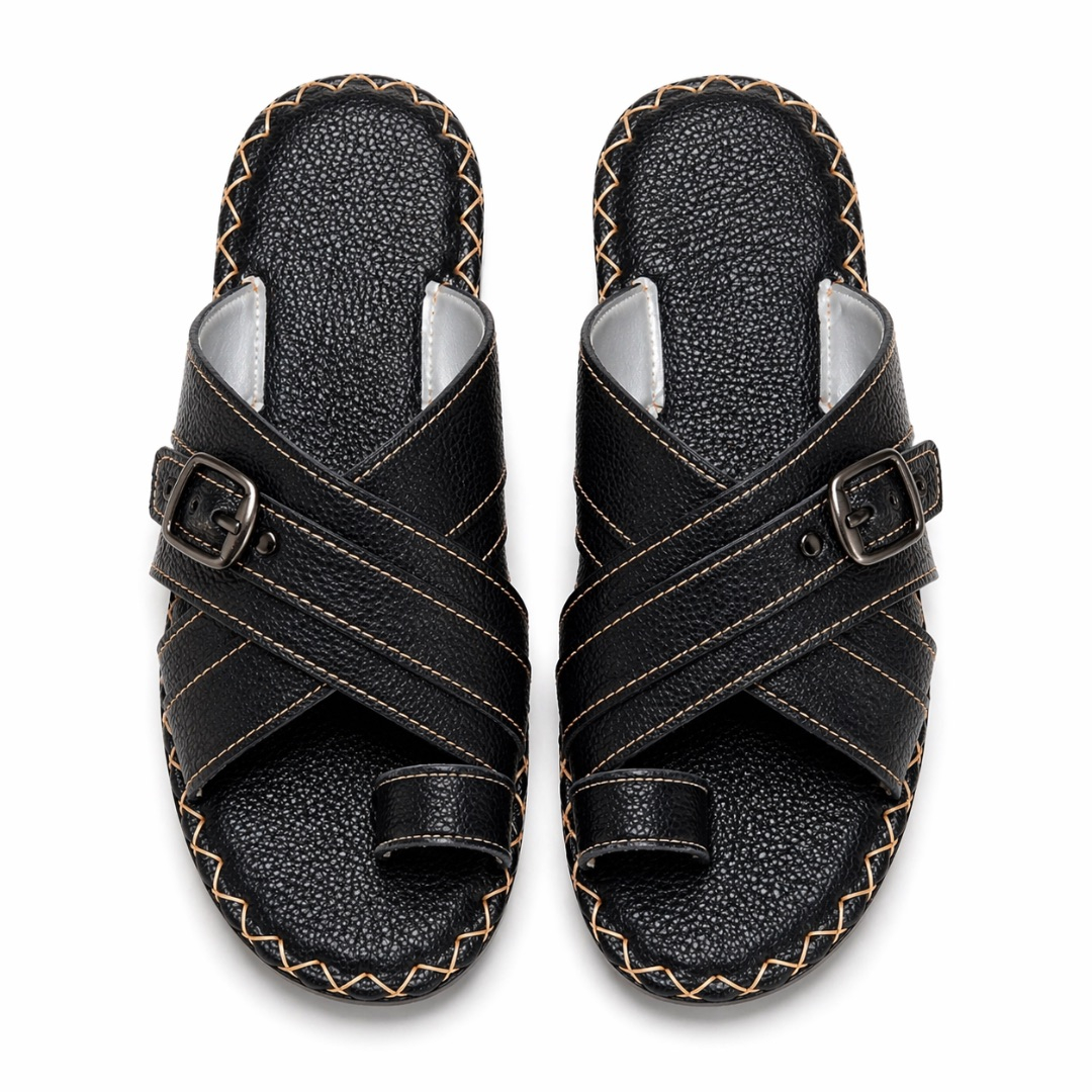 Mens Black Textured Leather  Cross Strap Toe Loop Sandals