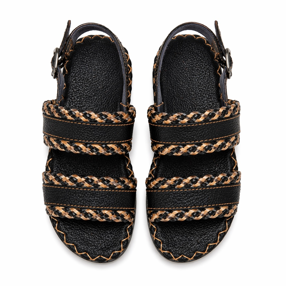 Mens Black Woven Leather  Multi Strap Toe Loop Sandals