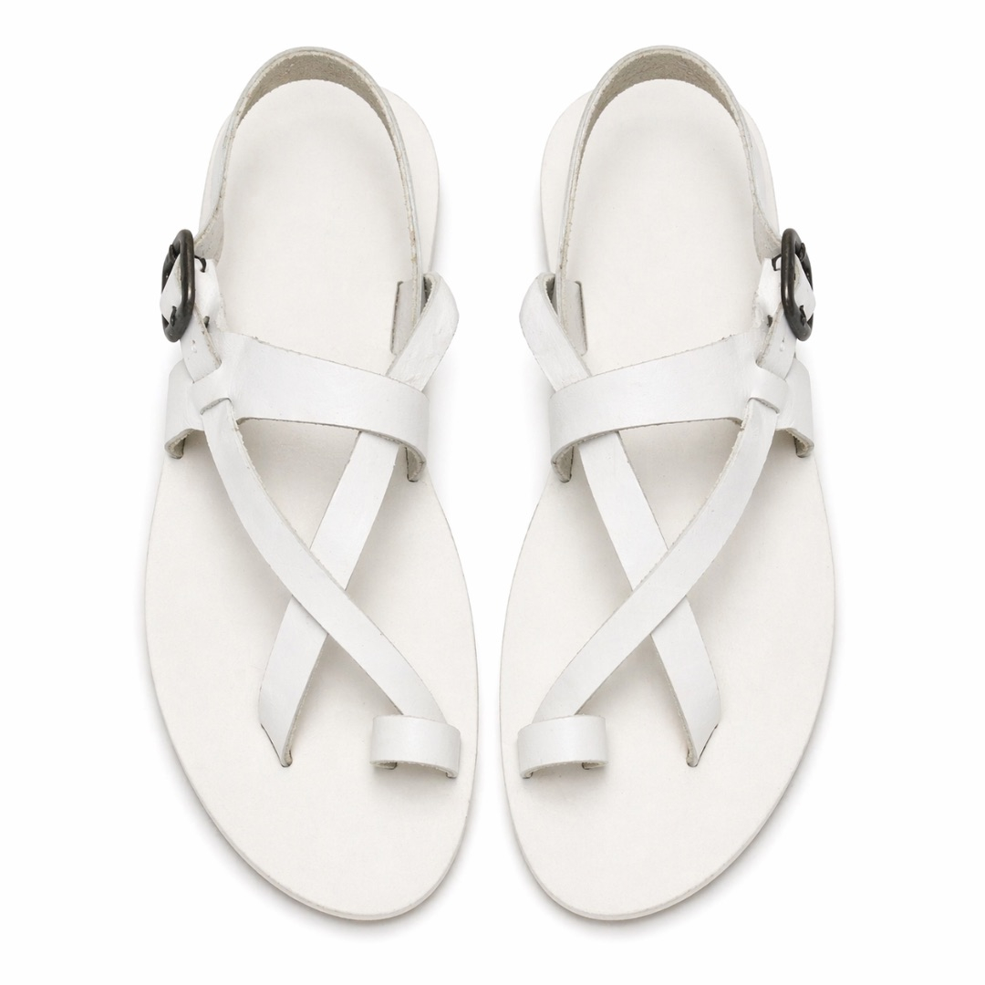 Mens Minimal White Leather Toe Loop Sandals  with Back  Strap