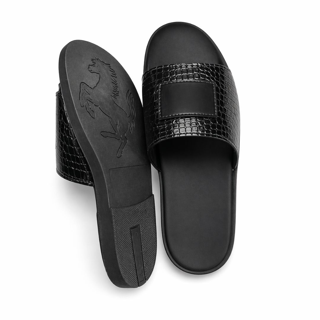 Black Croc Embossed Slide Sandals