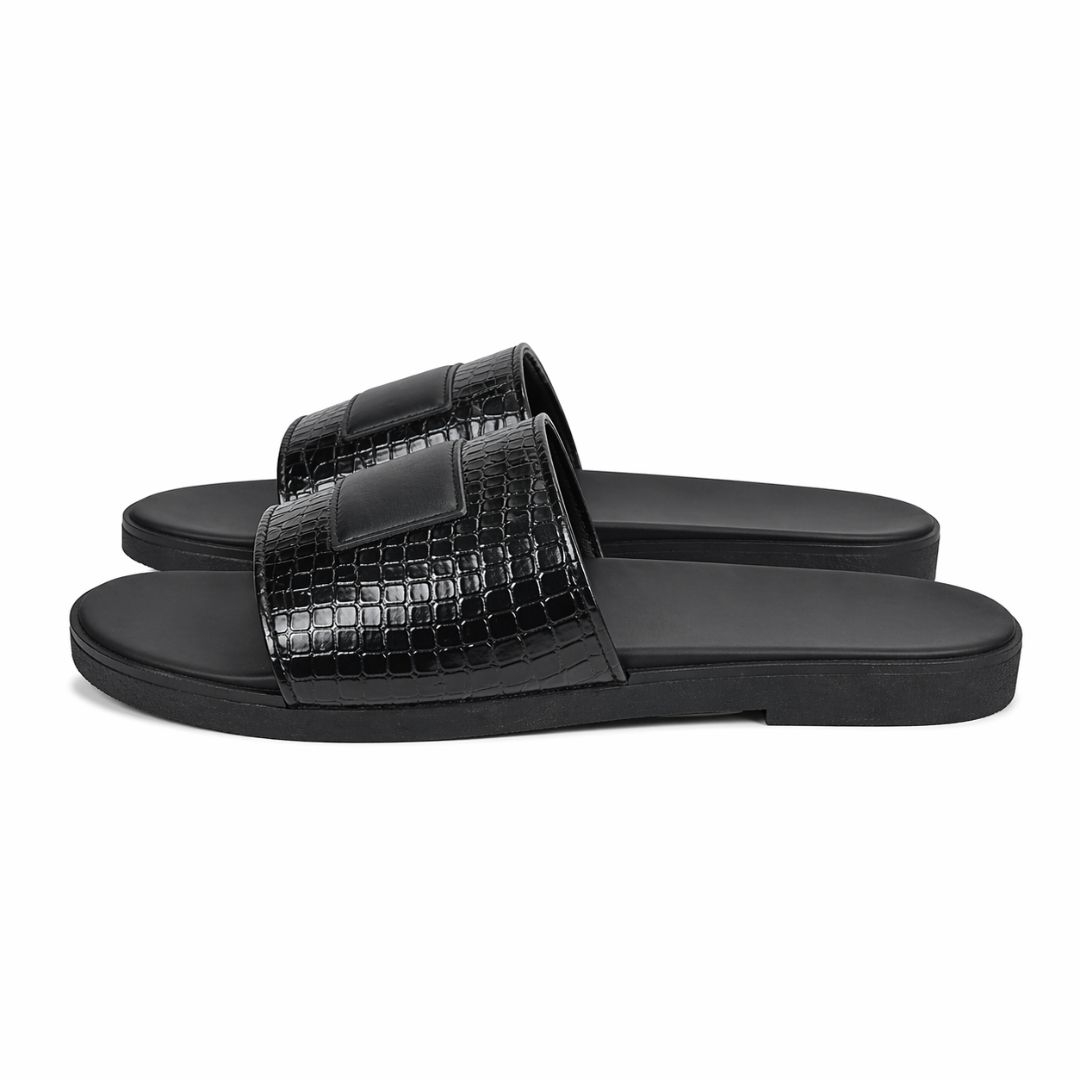 Black Croc Embossed Slide Sandals
