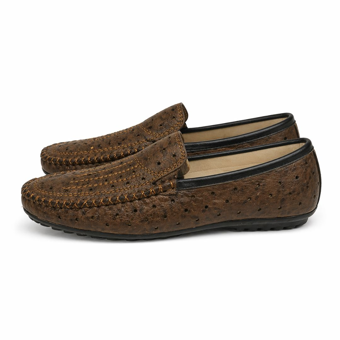 Men Light Brown Leather Loafers with Textured Ostrich Pattern