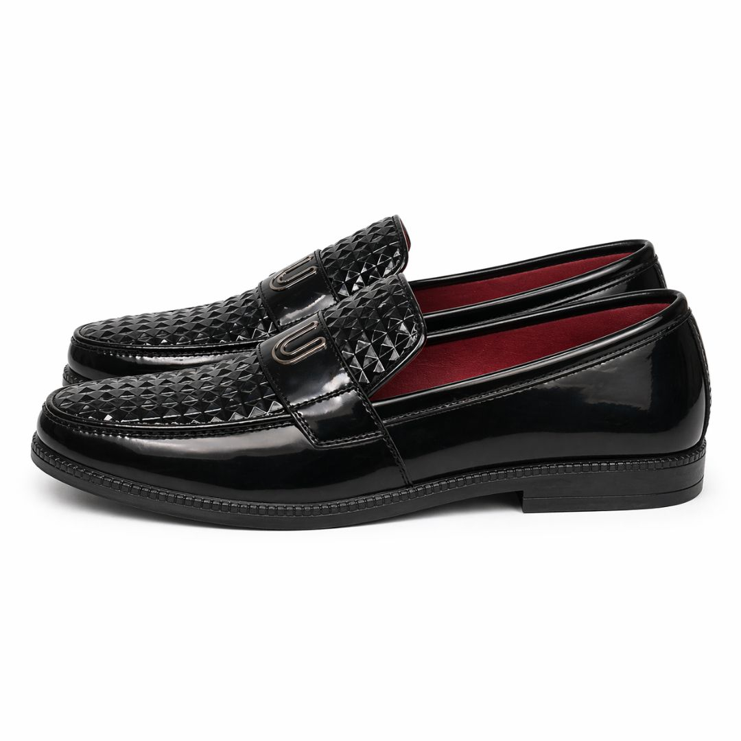 Mens Glossy Textured Slip On Loafers with Metal Accent