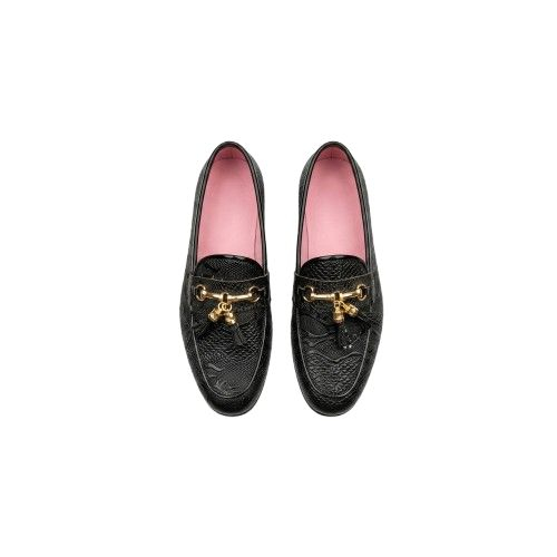 Mens Textured Black Loafers with Gold Hardware and Tassels