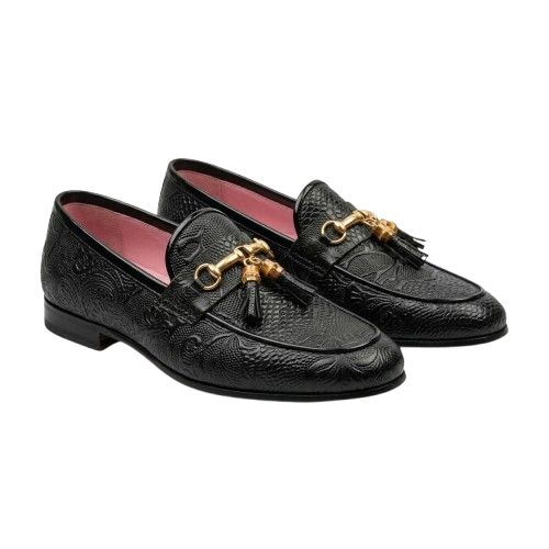 Mens Textured Black Loafers with Gold Hardware and Tassels