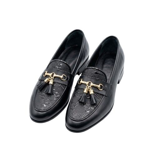 Mens Black Textured Slip On Loafers with Gold Bit and Tassels