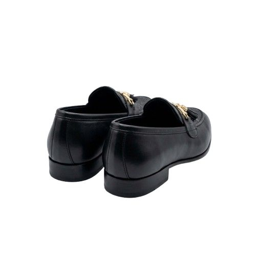 Mens Black Textured Slip On Loafers with Gold Bit and Tassels