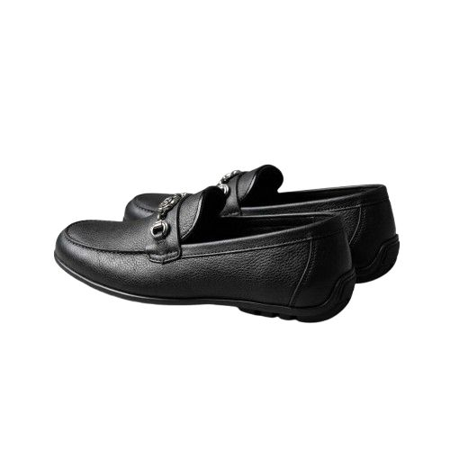 Mens Classic Black Leather Loafers with Ornate Silver Hardware