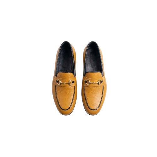 Mens Tan Leather Loafers with Gold Bit Detail and Contrast Piping