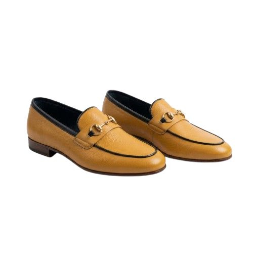 Mens Tan Leather Loafers with Gold Bit Detail and Contrast Piping