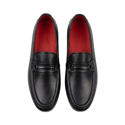 Mens Sleek Black Leather Loafers with Contrast Red Interior
