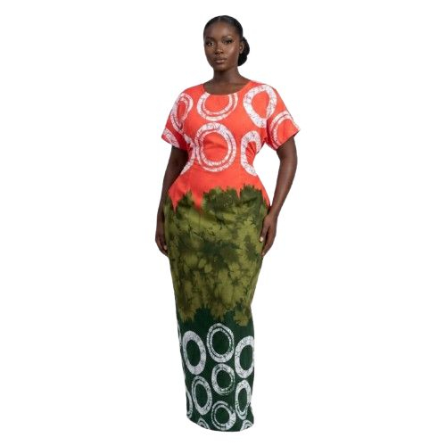 Vibrant Tri Color Batik Print Maxi Kaftan Dress