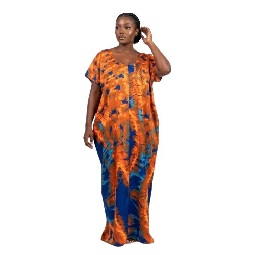 Vibrant Orange and Blue Abstract Print Maxi Kaftan