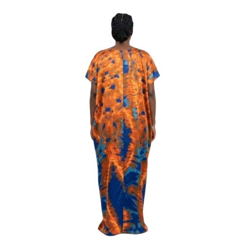 Vibrant Orange and Blue Abstract Print Maxi Kaftan