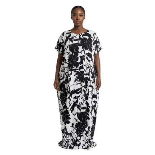 Black and White Floral Print Kaftan Dress