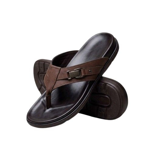 Classic Brown Leather Slide Sandals with Contrast Stitching