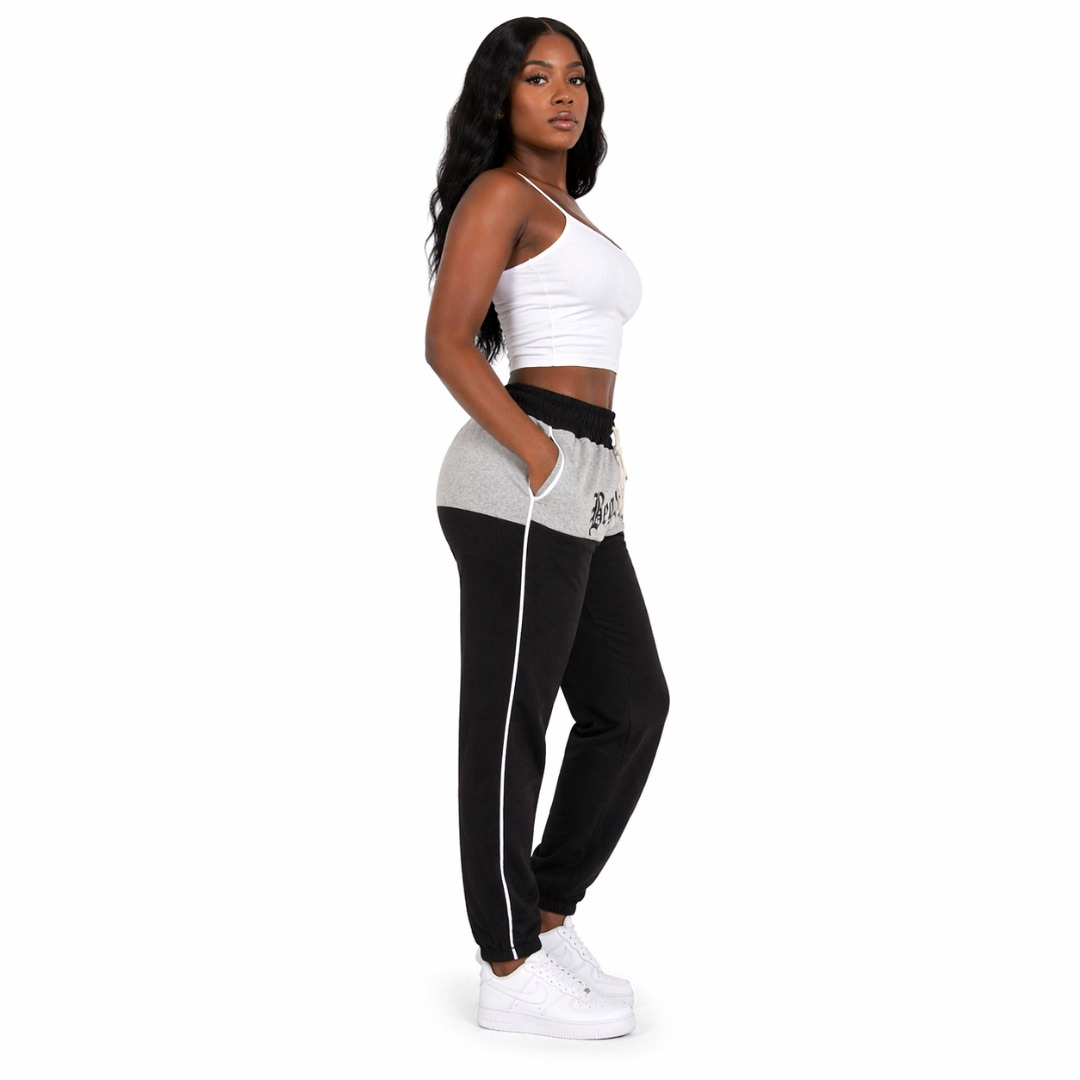 Unisex Black and Grey Panel Jogger Pants with Side Stripe  and  Drawstring Waist