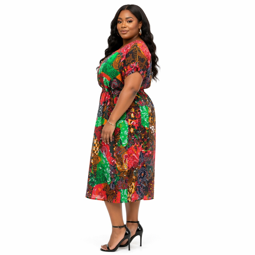 Womens Multicolor Patchwork Print Midi Dress with  Drawstring Waist