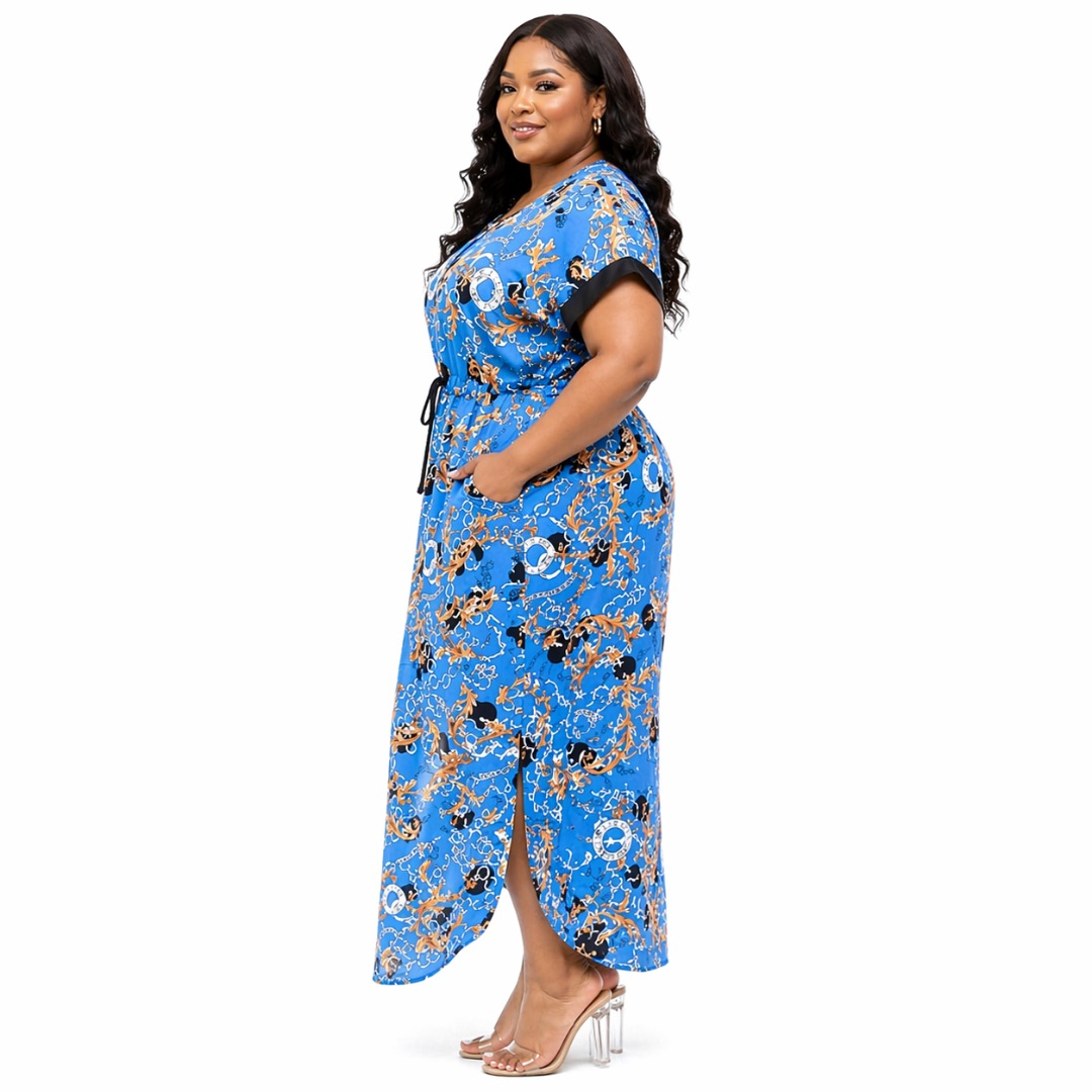 Womens Blue Chain Print Midi Dress  with  Drawstring Waist