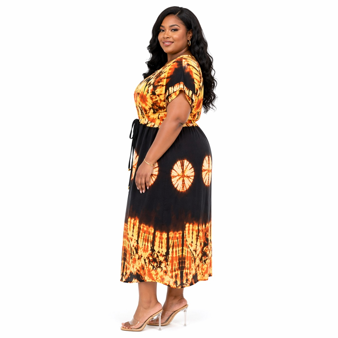 Womens Brown and Black Tie Dye Midi  Dress with  Drawstring Waist