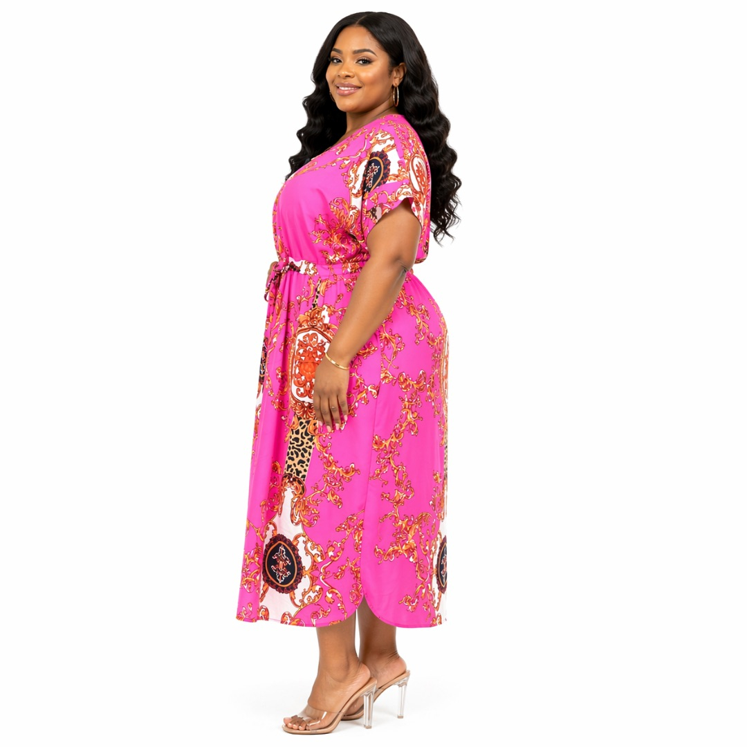 Womens Pink Baroque Print Midi Dress  with  Drawstring Waist