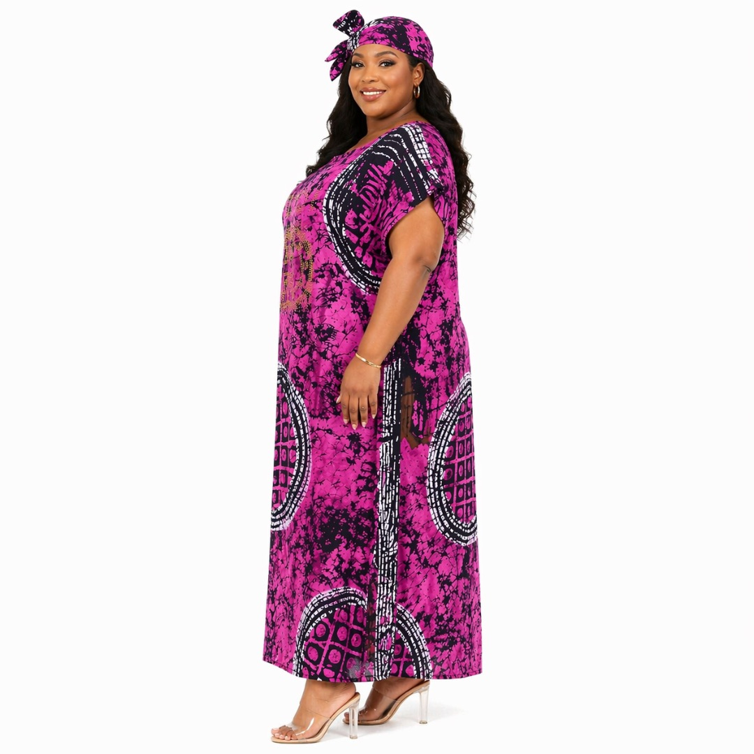 Womens Purple Batik Kaftan Dress with Embellished Front and Matching Scarf