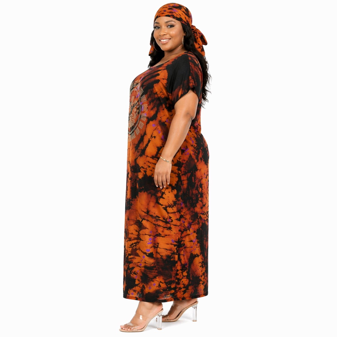 Womens Brown Tie Dye Kaftan Dress with Embellished Front  and  Matching Scarf