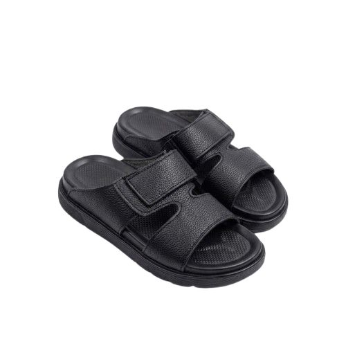 Mens Textured Black Double Strap Slide Sandals