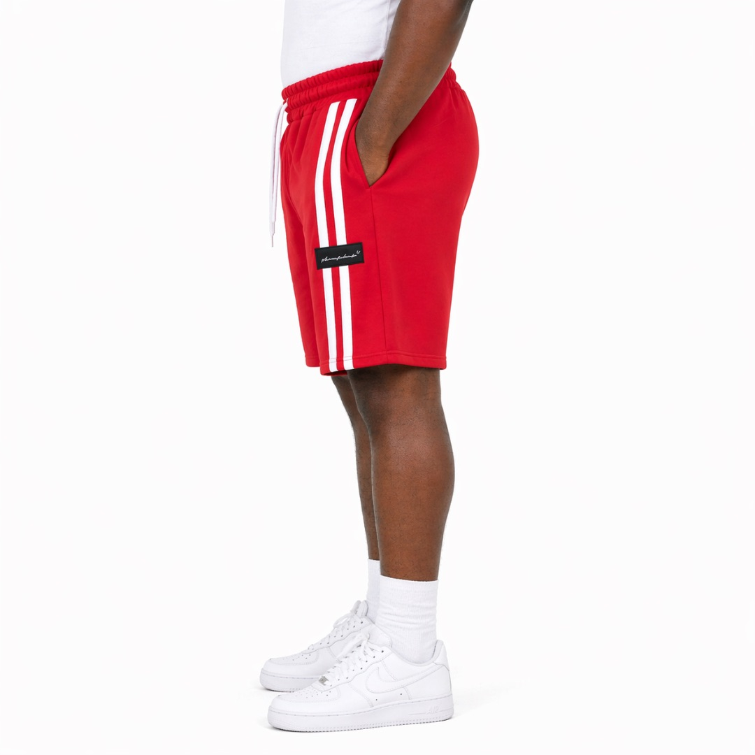 Unisex Red Sport Shorts with Side Stripes and Drawstring Waist