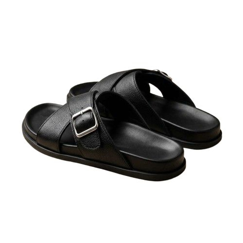 Mens Black Leather Slippers with Buckle Detail