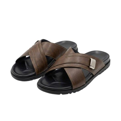 Brown Cross Strap Leather Slides