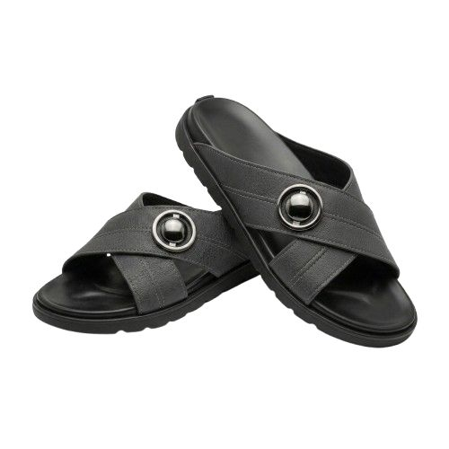 Mens Criss Cross Strap Leather Slides with Metallic Detail